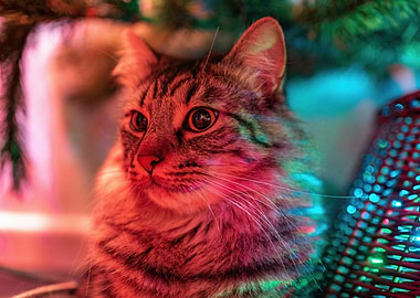 Tabby Cat Under Christmas Tree