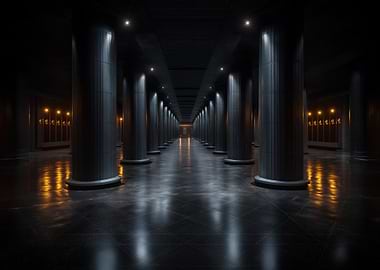 Dark Hallway with Columns and Lights
