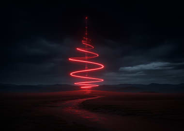 Red Spiral Tower in Dark Landscape