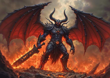 Winged Demon Warrior with Fiery Sword