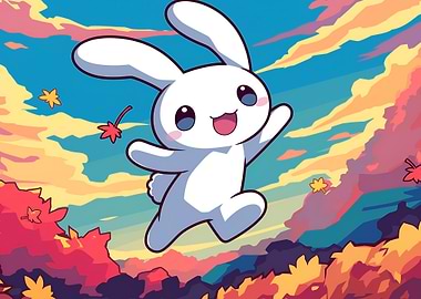 Happy White Rabbit in Autumn Landscape