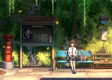 Anime Girl at Rural Bus Stop