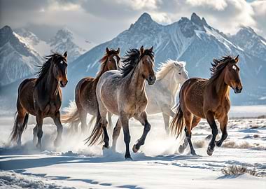 Wild Horses Running in Snowy Mountains