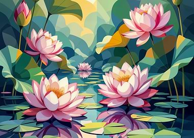 Lotus Flowers in Pond Digital Art