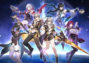 Star Rail characters backdrop of a blue planet and starry sky