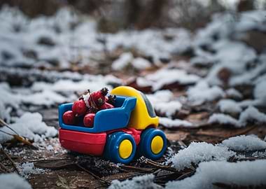 Toy truck with berries in snow