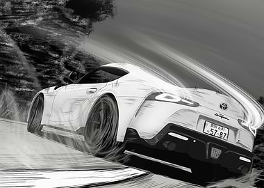 Toyota Supra drifting monochrome illustration