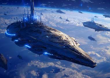 Futuristic Spaceships Fleet Over Earth