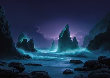 Mystical Coastal Landscape at Night