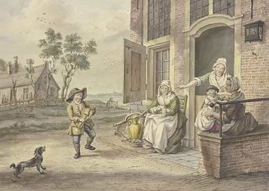 Savoyard boy dancing in front of a house