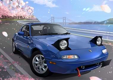 Blue Mazda Miata on Scenic Road