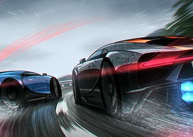 Racing Cars on Wet Road