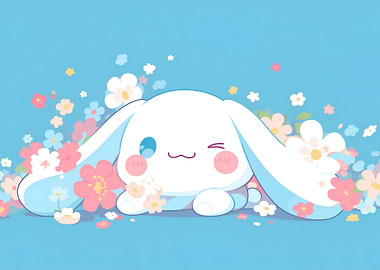 Cinnamoroll surrounded by flowers on blue background