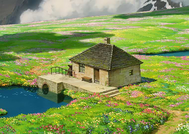 House in a flower field