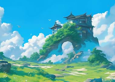 Fantasy Landscape with Asian-Style Building