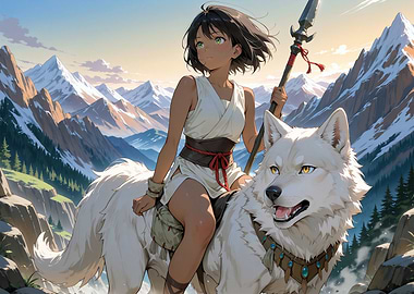 Anime Girl Riding White Wolf