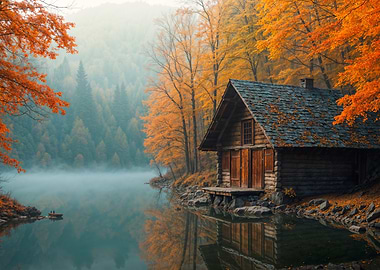Autumn Cabin by Lake