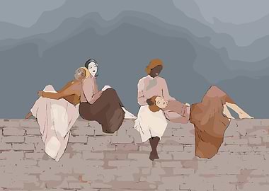Women Resting on a Brick Wall