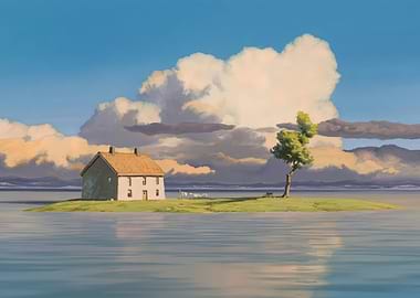 House on Island with Tree