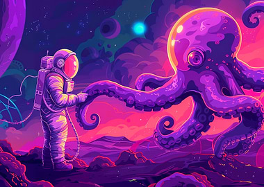 Astronaut and Giant Octopus in Space