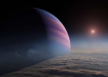 Exoplanet rising over cloudscape