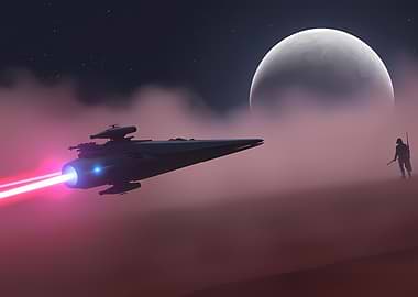 Starship firing lasers on alien planet