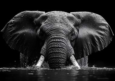 Elephant in Water, Black and White