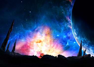 Cosmic Landscape with Planet and Nebula