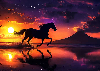 Horse Running Beach Sunset