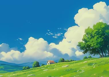 Anime Landscape with House and Clouds