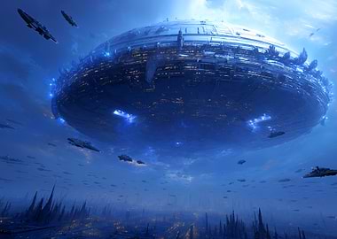 Futuristic Cityscape with Flying Saucer