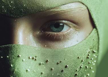 Green Masked Face Close-Up