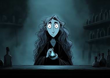 Cartoon Woman with Potion in Darkroom