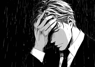 Man in Rain, Monochrome Manga Style