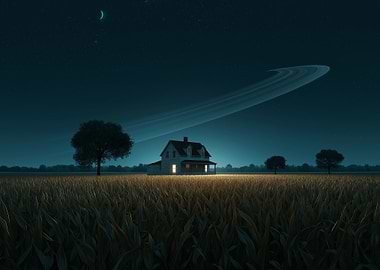 Rural House Under Ringed Planet Sky
