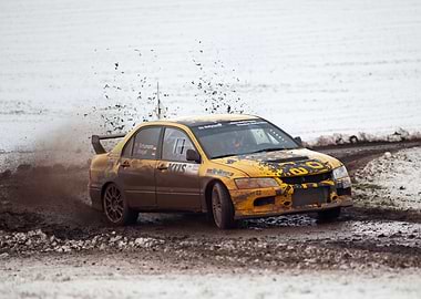 Yellow Rally Car in Mud