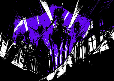 Abstract Mecha Cityscape in Purple and Black