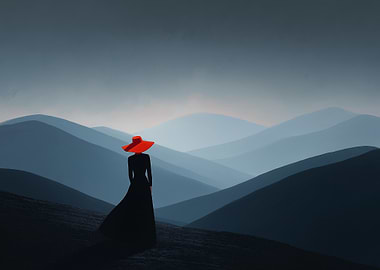Woman in Red Hat, Mountain Landscape