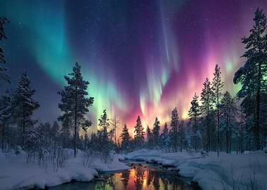 Aurora Borealis over Snowy Forest