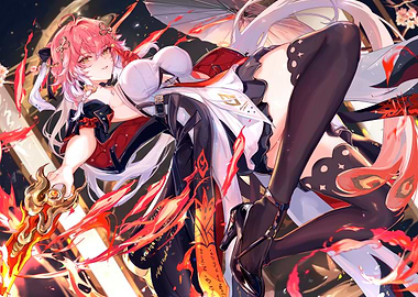 Anime Girl with Sword and Fire