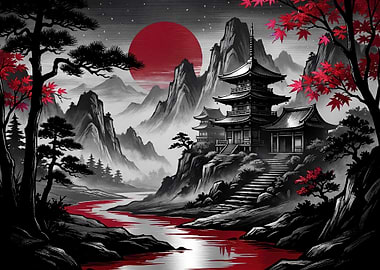 Japanese Red Sun Temple Landscape Illustration