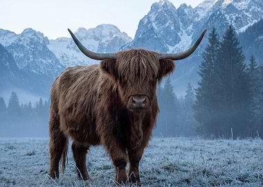 Highland Cow in Mountain Landscape