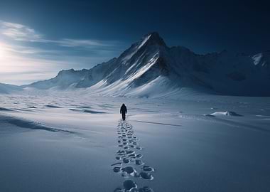 Solitary Figure in Snowy Mountain Landscape