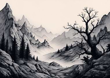Monochrome Mountain Landscape with Bare Tree