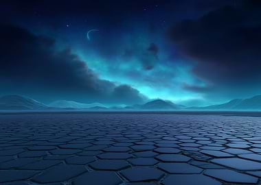 Blue Hexagonal Landscape with Crescent Moon