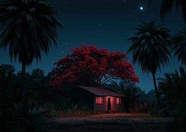 Tropical House Under Red Tree at Night