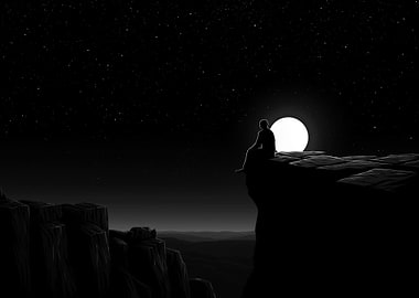 Silhouette on Cliff Under Moonlight