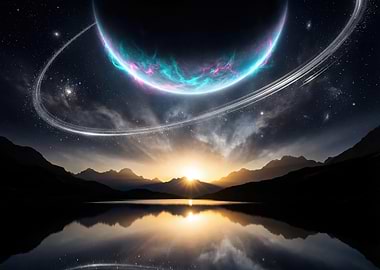 Cosmic Planet Over Sunrise Mountain Lake