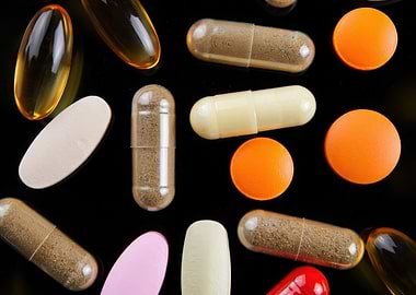 Assorted Pills and Capsules on Black