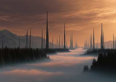 Futuristic Landscape with Towers and Fog